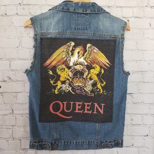 Upcycled Queen Denim Vest S Gray Yellow Red White